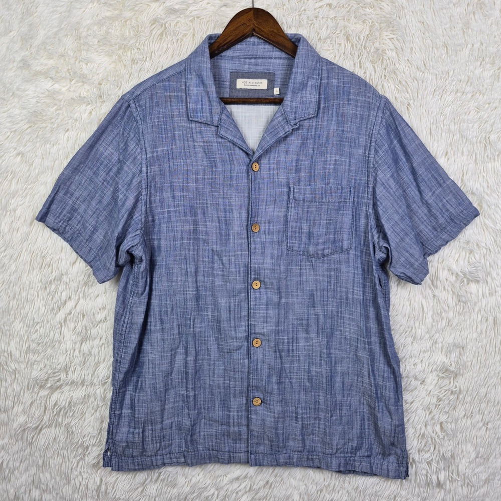 Ace Rivington Mens Sz L Blue Chambray Camp Collar Short Sleeve Button Up Resort